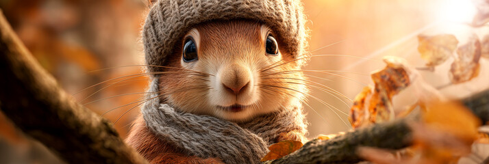 Naklejka premium Extreme close-up, portrait of a cute squirrel wearing a warm wool hat and scarf in an autumn scene looking at the camera with its big eyes. Generative Ai.