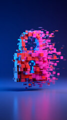 Digital lock pixel dissolve security data technology cyber encryption abstract blue pink 3D privacy futuristic protection concept floating glowing modern information access internet virtual