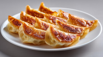 明るいグレーの背景に置かれた白い皿に、均一に焼き色がついた日本の定番の焼き餃子