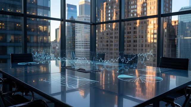 Futuristic Business Conference Room with Glass Table, City Skyline View, and Holographic Data Visualization