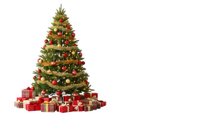 Beautifully decorated christmas tree with many wrapped presents at its base isolated on transparent background
