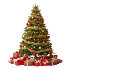 Beautifully decorated christmas tree with many wrapped presents at its base isolated on transparent background