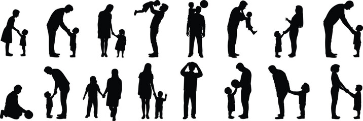 Adult and child silhouette interaction, parenting gestures, family bonding moments, emotional connection, cad drawing flat vector illustration, black isolated icons