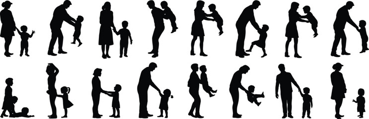 Obraz premium Parenting silhouette vector, adult child interaction, emotional bonding gestures, cad drawing flat vector illustration, black icon family care pose