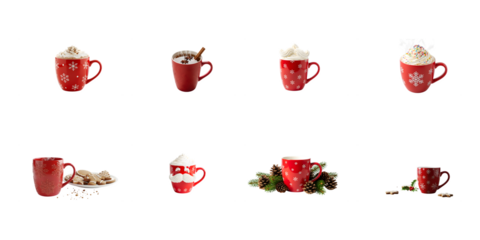 Christmas mugs set including eight various decorated and embossed tree designs isolated. Festive holiday drinkware collection. isolated on transparent background