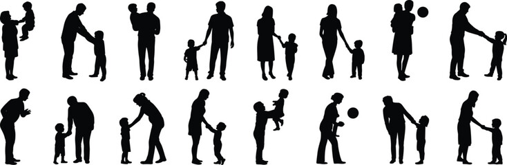 Parent child silhouette, family bonding icon, adult kid interaction, black outline, cad drawing, flat vector illustration, care moment, parenting graphic, emotional connection, social gesture