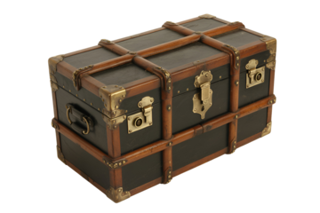 Antique steamer trunk with leather straps and brass hardware isolated on transparent background
