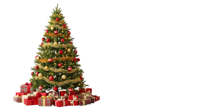 Beautifully decorated christmas tree with many wrapped presents at its base isolated on transparent background
