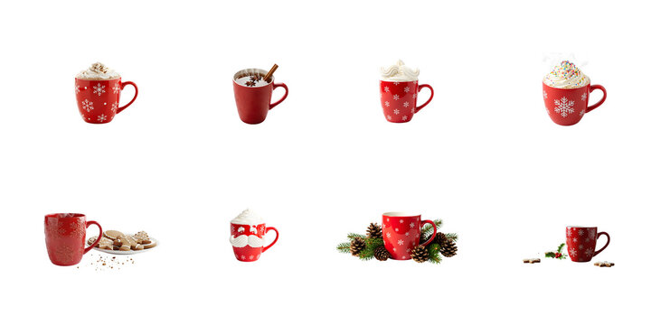 Christmas mugs set including eight various decorated and embossed tree designs isolated. Festive holiday drinkware collection.  isolated on transparent background