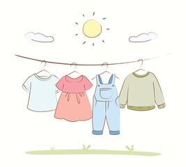 Outdoor scene of clothes hanging under the sunny sky. Doodle hand drawn of garments hanging in drying rack illustration for asset, children, book, background, asset, design