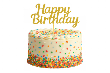Birthday cake with sprinkles and happy birthday cake topper, celebrating a festive event on transparent background