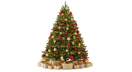 Fototapeta premium Beautifully decorated christmas tree with presents underneath isolated on transparent background