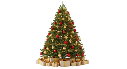 Beautifully decorated christmas tree with presents underneath isolated on transparent background