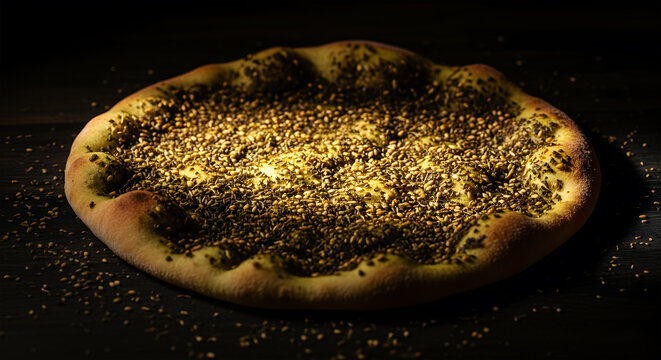 Close-up of a round flatbread topped with za'atar spice blend on a dark background manakish food