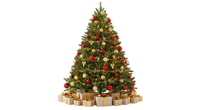 Beautifully decorated christmas tree with presents underneath isolated on transparent background
