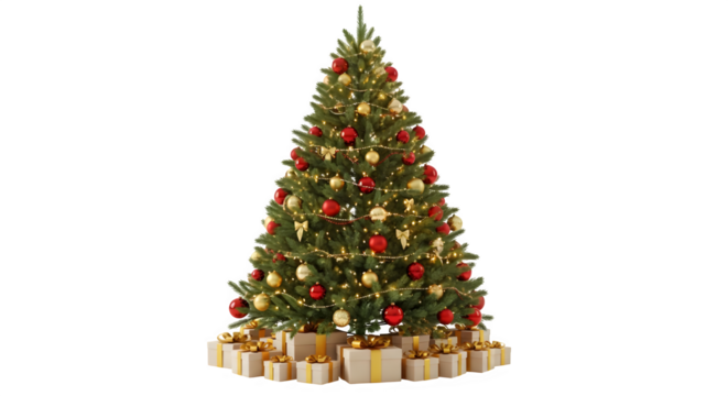 Beautifully decorated christmas tree with presents underneath isolated on transparent background