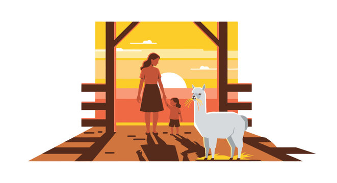 A mother and child walk through a rustic wooden gate at sunset, sharing a peaceful moment with a friendly white alpaca in a serene rural landscape.