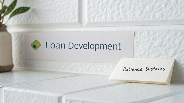 Inspirational Workspace with Loan Development Sign and Patience Sustains Card for Motivational Business Environment