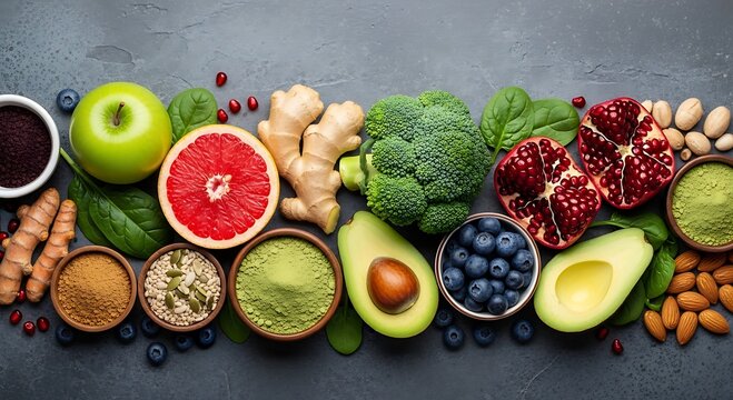 Assortment of fresh fruits, vegetables, and superfoods for a healthy diet. - Powered by Adobe