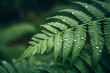 Close-up macro of a fresh green fern leaf with water droplets in a forest garden, capturing the texture and foliage of nature