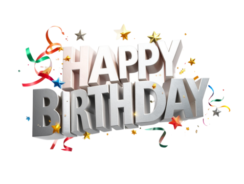 Happy Birthday 3D Text with Confetti Streamers and Stars Decoration.jpg - Powered by Adobe