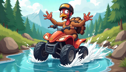 Brave Funny Turkey Ziplining Over Canyon and River, Thanksgiving Adventure