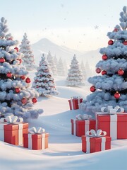 Snowy winter landscape with decorated Christmas trees and red gift boxes image photo