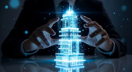 Businessman Holding Futuristic Hologram Building; Smart City, Digital Construction, Real Estate, Technology Concept.