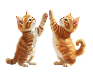 Two playful ginger kittens reaching up in different poses isolated on transparent background