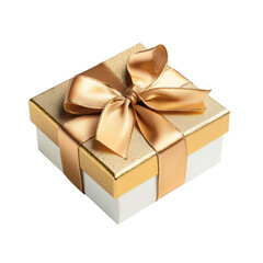 Obraz premium A luxurious golden gift box tied with an elegant satin ribbon, placed on a clean white background. The image conveys a sense of celebration, luxury, and special occasion. Perfect for use in holiday de