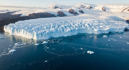 Aerial view showcases a massive glacier meeting the ocean with icebergs and mountains in the background