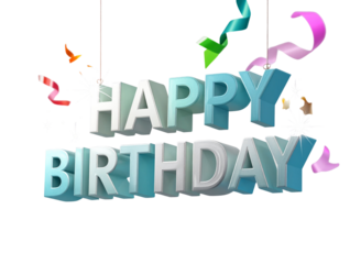  3D Layered Happy Birthday Banner Floating with Sparkles, Side Perspective, Transparent Background  