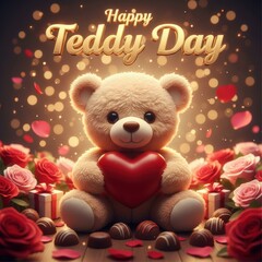 Adorable Fluffy Teddy Bear Holding Red Heart Surrounded by Roses and Gifts for Happy Teddy Day cute