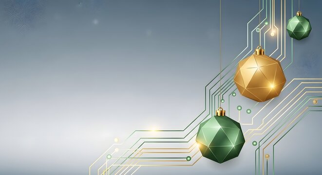 Digital Circuit Board and Geometric Christmas Ornaments Background