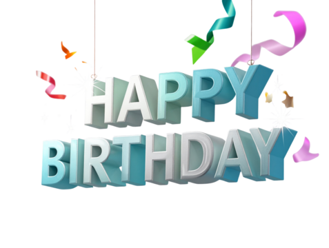  3D Layered Happy Birthday Banner Floating with Sparkles, Side Perspective, Transparent Background  