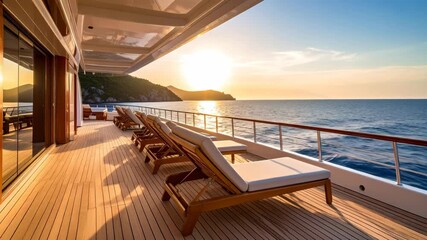 Luxury yacht deck with sun loungers at sunset over the ocean with island views provides serene and stylish seaside relaxation and travel