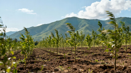 Obraz premium Rows of newly planted young trees stand in brown soil in a wide field, with a lush green mountain range visible under a bright blue sky.