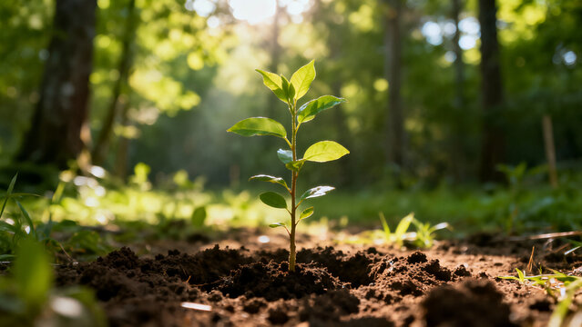 A vibrant green sapling sprouts from the dark earth, backlit by a ray of sunlight filtering through the trees in a soft-focus forest background.