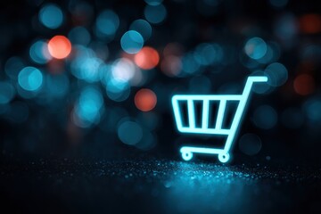 A glowing neon shopping cart icon hovers over a dark surface with bokeh lights.