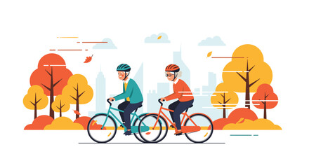 Elderly couple enjoying a leisurely bicycle ride through an autumn park with a city skyline in the background, promoting an active senior lifestyle.