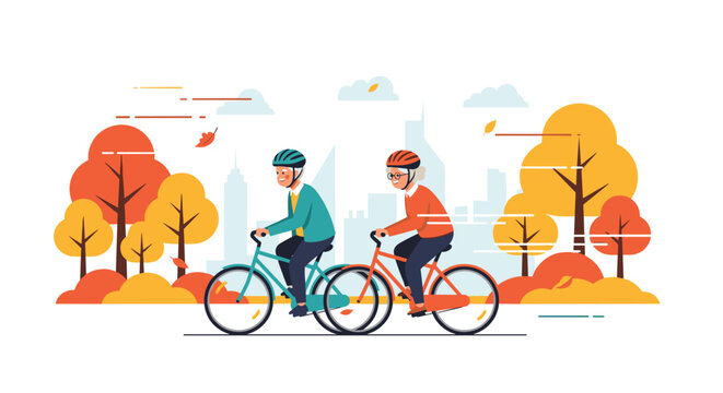 Elderly couple enjoying a leisurely bicycle ride through an autumn park with a city skyline in the background, promoting an active senior lifestyle.
