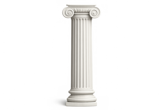 White ionic order column creating a classical architectural element or ancient greek and roman design on transparent background