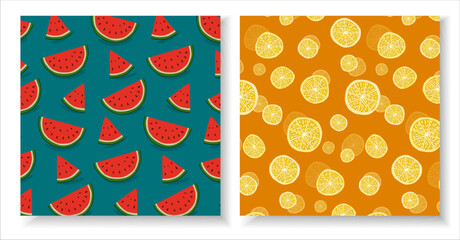 Set of seamless vector patterns: watermelon slices on green and abstract citrus lemon circles on orange. Perfect for summer textiles, food packaging, wrapping, kitchen decor, backgrounds, and prints.
