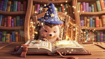 Animated hedgehog with wizard hat reading a book in a library - Powered by Adobe