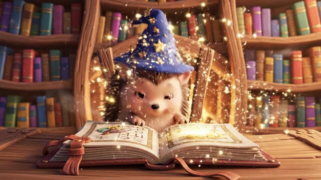 Animated hedgehog with wizard hat reading a book in a library