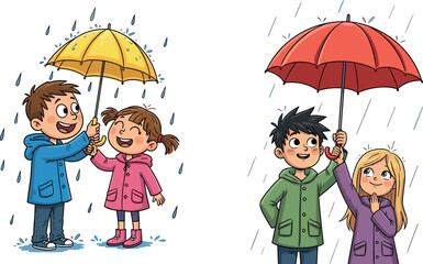 Cartoon kids sharing umbrellas in rain, friendship and kindness illustration, rainy day interaction scene, cheerful children moment, vector weather design
