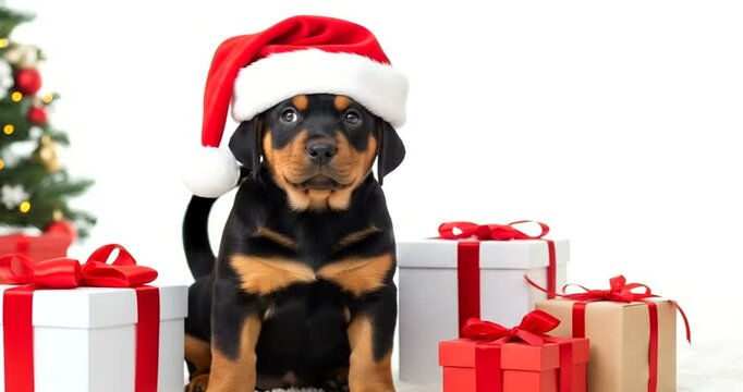 Adorable rottweiler puppy wearing a santa hat isolated on white background