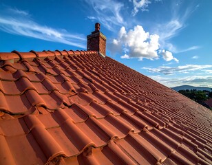 Aerial view showcases a red tiled roof with a brick chimney under a partly cloudy blue sky