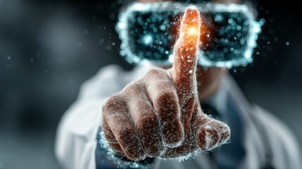 A person wearing a virtual reality headset reaches out and touches a digital interface, with a glowing fingertip.