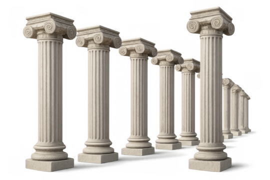 Row of classic ionic stone pillars standing on transparent background, simulating ancient greek architecture and historic structures - Powered by Adobe